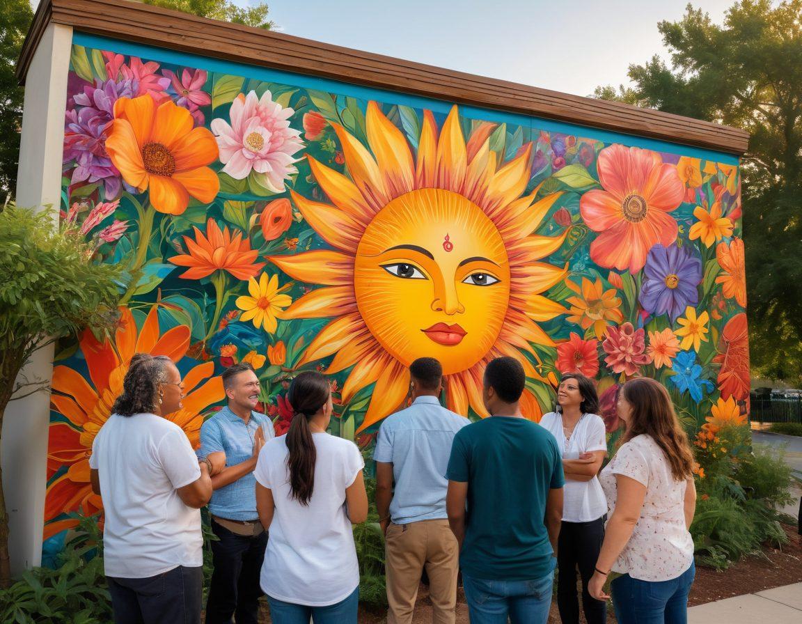 A diverse group of individuals engaged in a lively discussion around a large, intricately designed Tigohn, which symbolizes community and connection. In the background, a vibrant neighborhood mural illustrates various cultural narratives, while green trees and colorful flowers add warmth to the scene. The sun sets, casting a golden glow on their faces, symbolizing hope and unity. super-realistic. vibrant colors. community art.