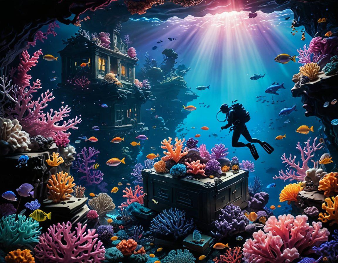 A deep ocean scene showcasing a diverse array of marine life, with vibrant corals and schools of colorful fish swimming among them. Above the water, a sunbeam pierces through, illuminating a mysterious underwater treasure chest overflowing with knowledge resources like books and tools. Include a silhouette of a diver curiously exploring the scene, representing the journey of discovery. The colors should be bright and inviting, creating an atmosphere of adventure and exploration. super-realistic. vibrant colors. 3D.
