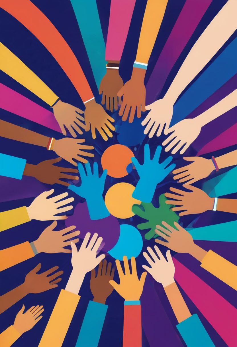 A vibrant and engaging illustration depicting a diverse group of people connecting in a digital community space, with glowing icons representing collaboration and sharing ideas. Highlight a virtual platform interface with cheerful expressions and hands joined in a circle, symbolizing unity and support. The background should be filled with colorful abstract shapes to create an inviting atmosphere. vector art. vibrant colors. dynamic composition.
